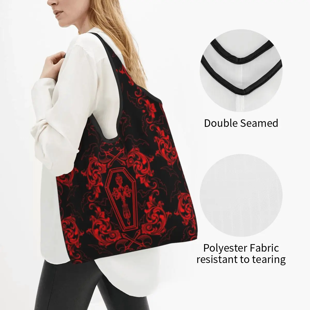 Funny Gothic Vampire Shopping Tote Bags Portable Halloween Haunted Mansion Groceries Shoulder Shopper Bag
