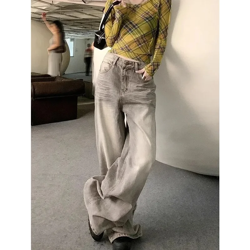 

Grey Jeans Women High Waist American Plus Size Wide Leg Pants 90s Vintage Straight Baggy 2000s Denim Trousers Mom Oversize Pants