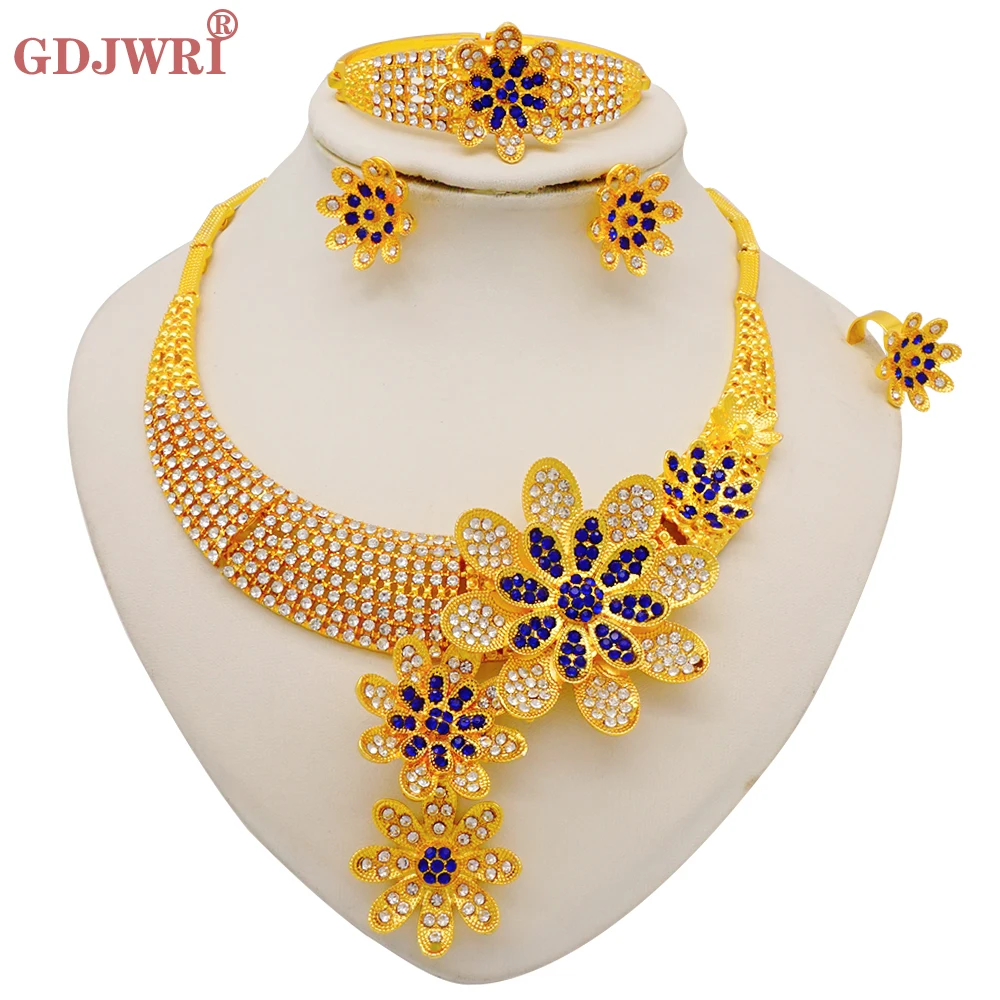 

African Nigerian Dubai Gold Color Jewelry Set For Women Girls Crystal Flower Necklace Earrings Bracelet Ring Charm Jewelry Sets