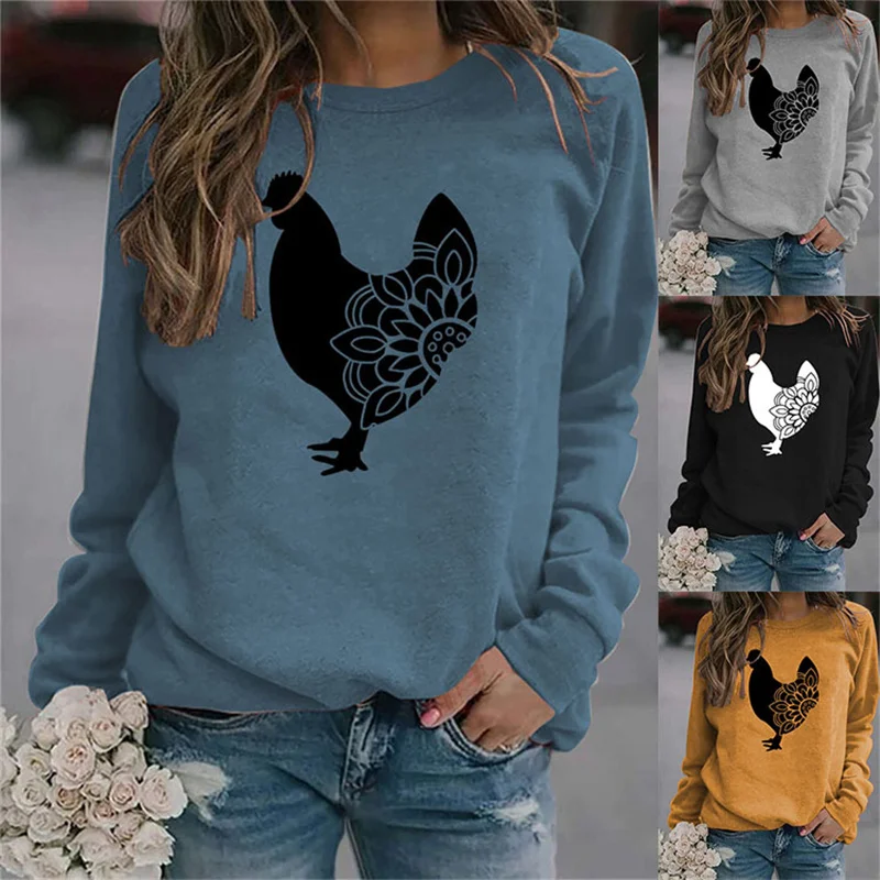 

New autumn and winter cotton sunflower chicken print vintage fashion round neck long sleeve large size loose women's hoodie
