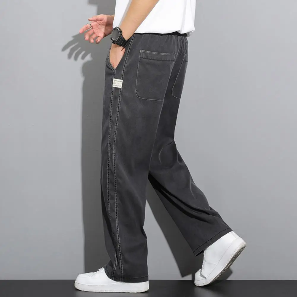 Description Picture 5 of itemMen Pants Wide Leg Straight Thin Side Pockets Drawstring Elastic Waist Solid Color Gym Traning Jogging Sweatpants Long Trousers