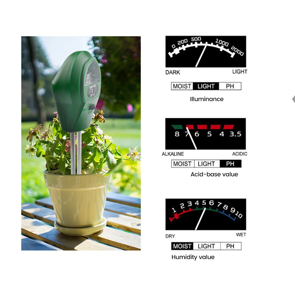 3 IN 1 Soil PH Meter Sunlight PH Tester Garden Flowers Moisture Sensor Plants Acidity Humidity Monitor