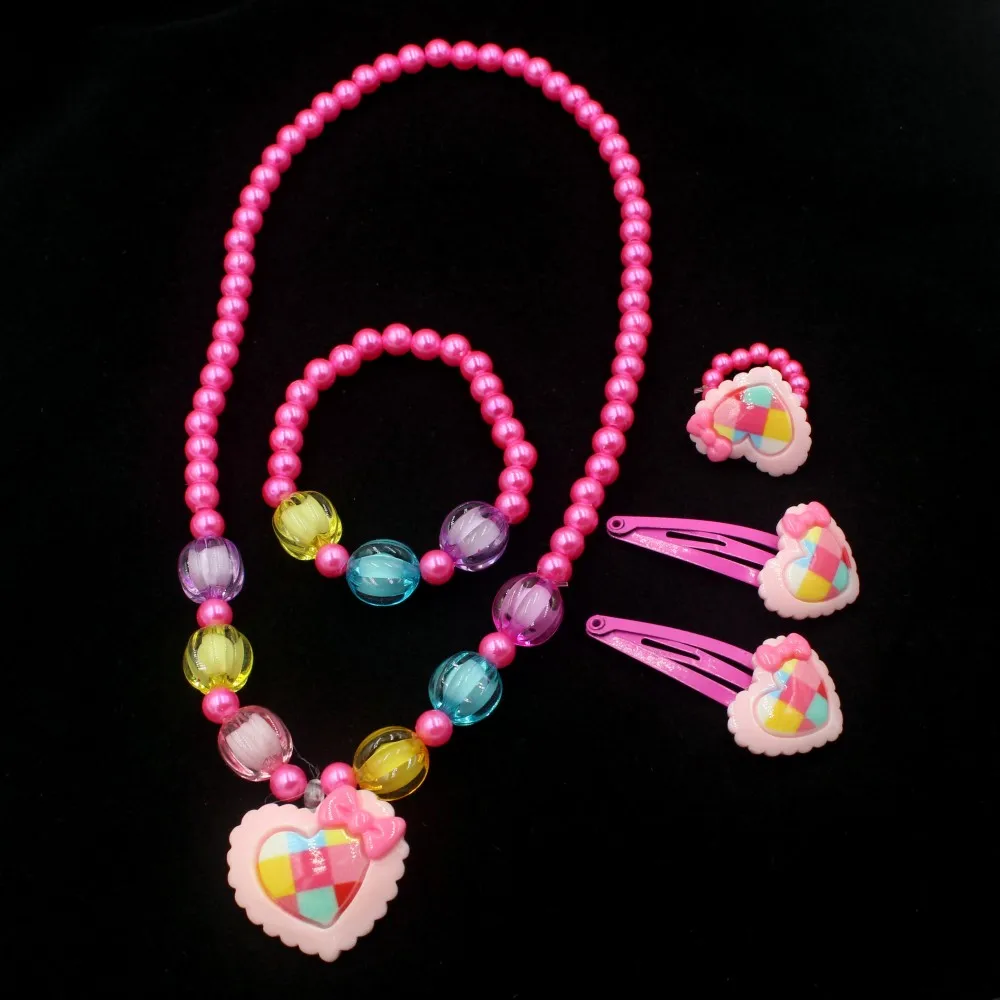 1set Charming Handmade Heart Beaded Kids Jewelry Set - Includes Necklace, Bracelet, Hair Clips Perfect gift for Princess 5