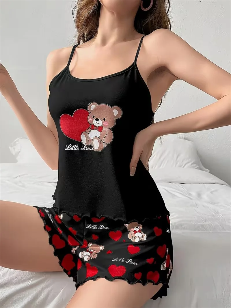 Summer Cute Bear+Heart Print 2pcs Pajamas Set Women Homewear Camisoles Tops and Shorts Underwear Sexy Lingerie Sleepwear 1