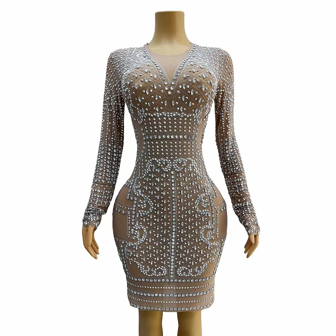 

Silver Rhinestones Pearls Nude TransparentDress Evening Dance Show Outfit BirthdayCelebrate Sexy Collection magua C126