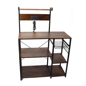Kitchen Bakers Rack Steel Wood Multi Tier Microwave Oven Stand Coffee Bar Station Kitchen Utility Storage Shelf for Spice Pots 1