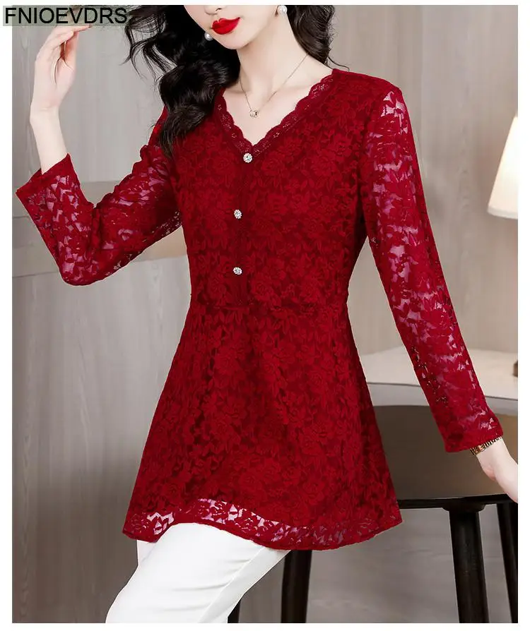 M-4XL 2023 Women Hot Sales Elegant Office Lady Work Button Black Lace Shirt Casual Belly A Line Tunic Peplum Tops And Blouses