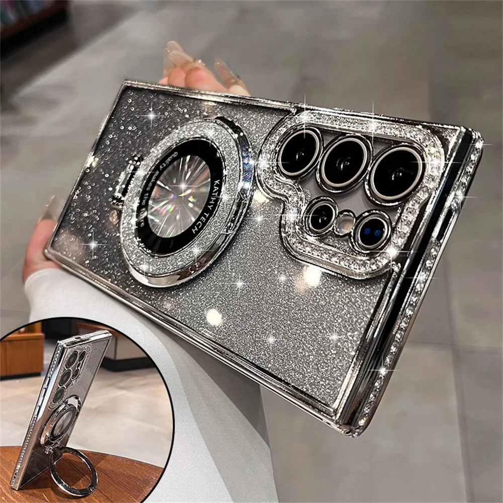 Glitter Gradient Rhinestone Magnetic Mirror Bracket Case Samsung S25 S24 Ultra S23 Plus A54 A34 A24 A55 A35 A25 A15 A05 Girl phone case,iphone case,mirror bracket case