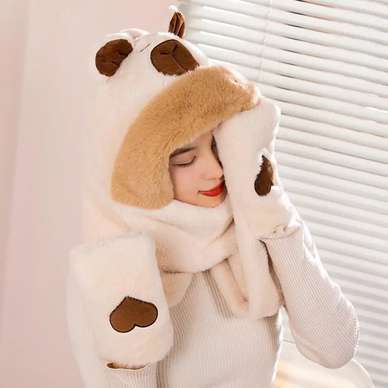 Hooded Scarf With Mittens Capybara Winter Scarf Hoodie Warm Hoodie Hat Gloves Set Soft Plush Thick Hat For Men Women