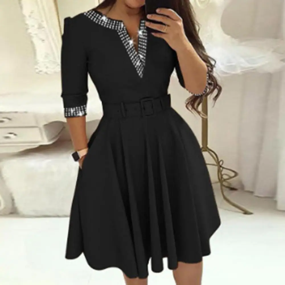 

Casual Everyday Dress Elegant V-neck Rhinestone Mini Dress with Belt Pockets Party Swing Hem Dress for Women with 3/4 Sleeves