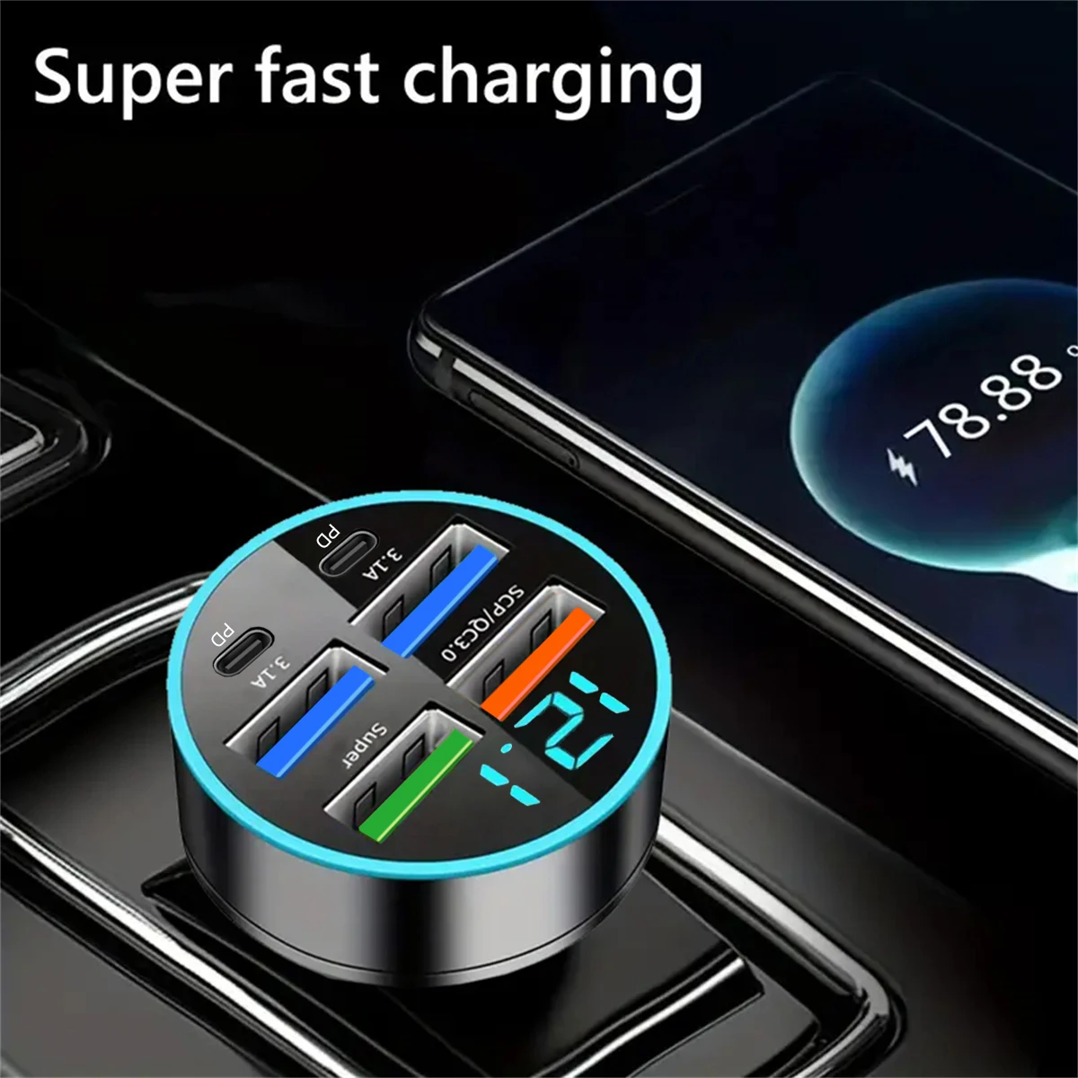 Total 250W USB Car Charger PD QC3.0 USB C Car Phone Charger Type C Adapter for iPhone Xiaomi Samsung Huawei OPPO Quick Charge