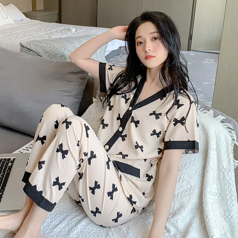 Summer Women's Thin Wall Cotton Pajamas V-neck Short Sleeve Cardigan Pants Oversized Loose Home Clothing Set Sweet Sleepwear