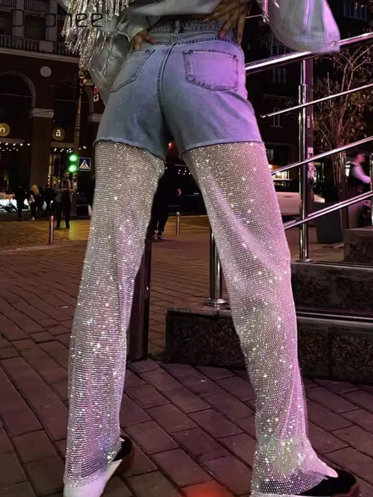 Streetwear Rhinestone Hollow-out Fishnet Denim Trousers Autumn New High Waisted Stitching Hot Rhinestone Straight Jeans Women