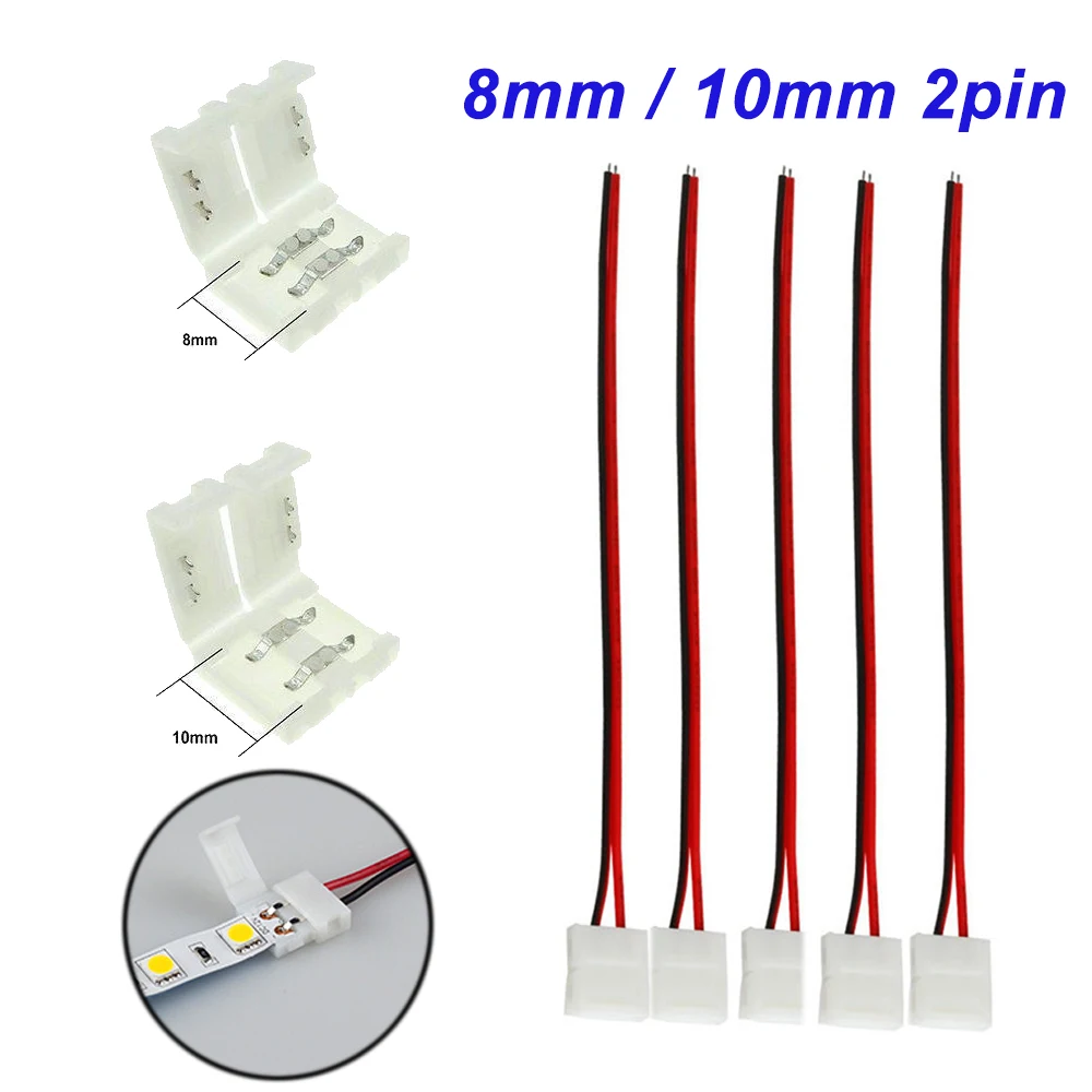 8/10mm No Soldering 2 Pin Led Strip Connectors 8mm 10mm Power Wire Connector for 2835/5050 Led Strip Wire PCB Ribbon 20/40pcs