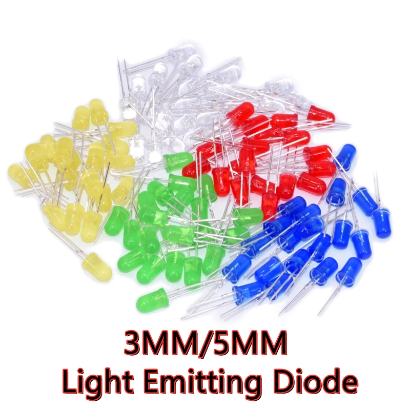 

100pcs 3MM/5MM Light Emitting Diode White Red Yellow Green Blue pink F3/F5 Light Emitting Diode Multipurpose Electronic Lamp