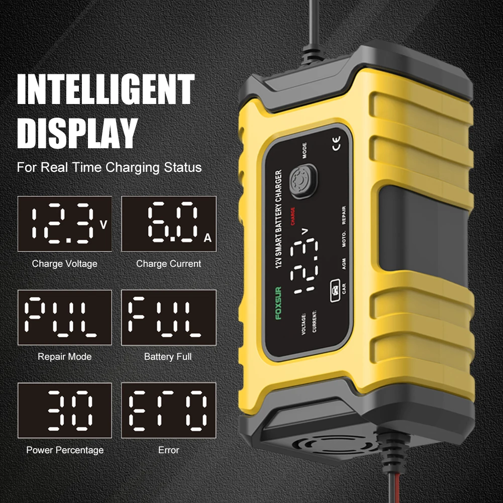 

Car Battery Charger 12V 6A Pulse Repair LCD Display Smart Fast Charging AGM Deep Cycle Gel Lead Acid Charger for Car Motorcycle