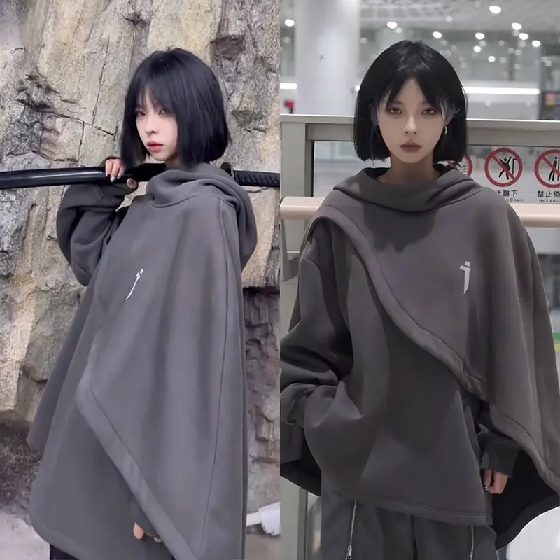 

Fashion Cloak Pullovers Hoodies for Women Streetwear Fake Two Piece Loose Turtleneck Long Sleeve Hooded Swearshirt Harajuku Tops