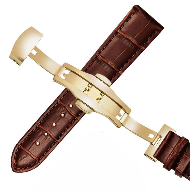 Elegant Universal Leather Watch Strap with Butterfly Buckle - Black & Brown Adjustable Bracelet