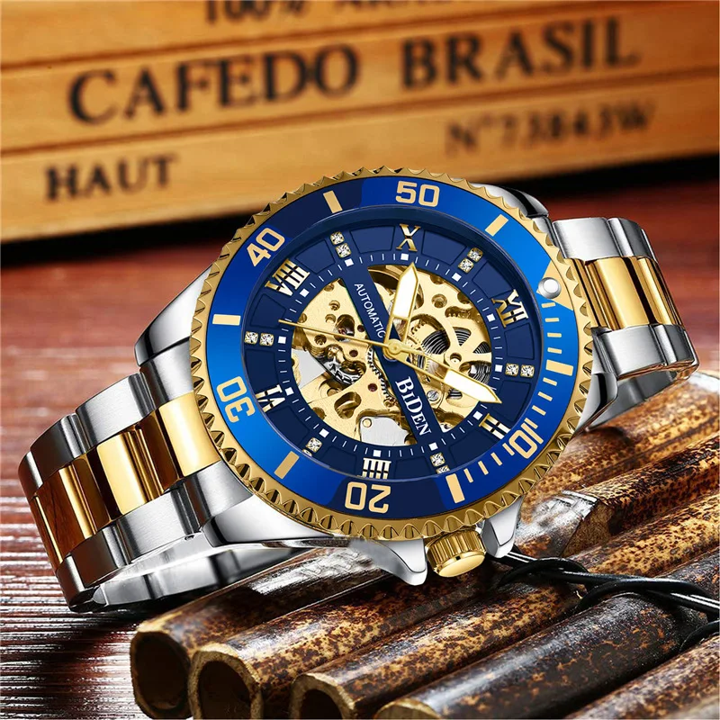 

BIDEN Brand Skeleton Blue Golden Automatic Waterproof Stainless Steel Band Luminous Hand Roman Numerals Mechanical Wrist Watch