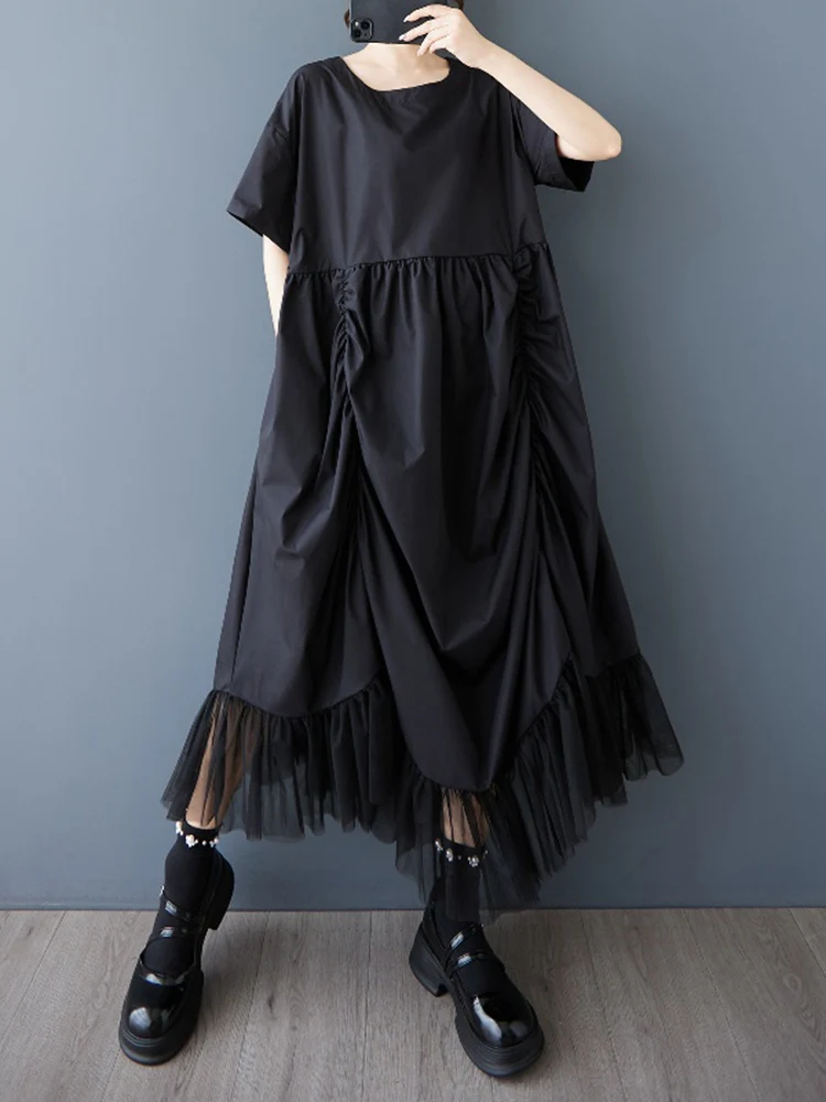 2025 Summer New Black Vintage Irregular Dresses For Women Fold Mesh Short Sleeves Loose Long Dress Elegant Fashion Clothing