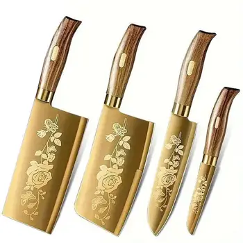 4-Piece Titanium-Coated Kitchen Knife Set - Sharp, Durable, Perfect for Cutting Meat and Bones,Commercial kitchen and Home Cooks