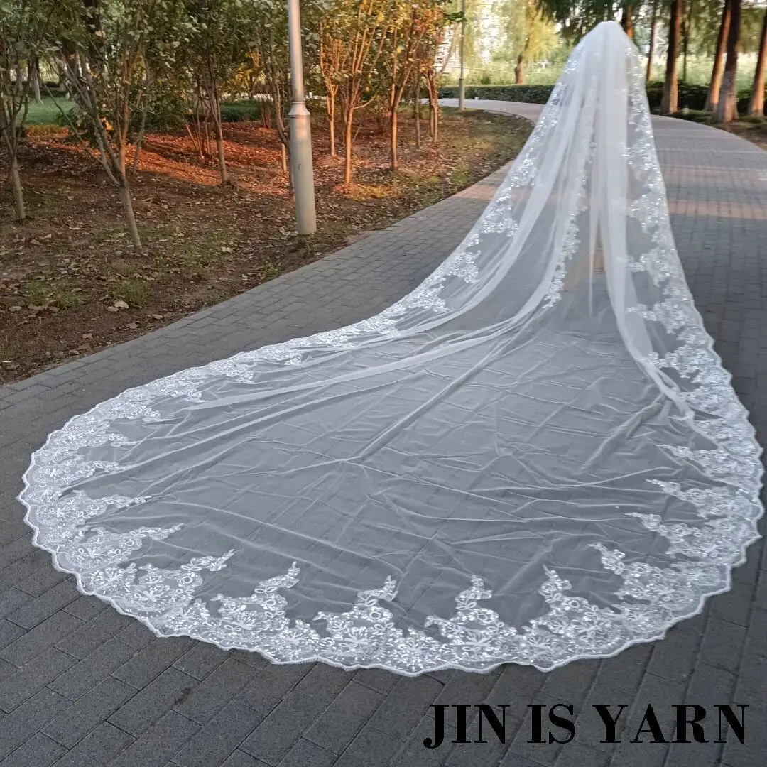 Real Photo Wedding Veil Lace Edge Long Bridal Veil Applique Sequins With Comb Cathedral One-Layer 5m bridal veil
