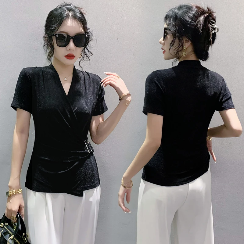 MadBlack Summer European Clothes magliette Ladies Sexy V Necks Shiny Slim Waist Mesh top manica corta Elastic Tees muslimah