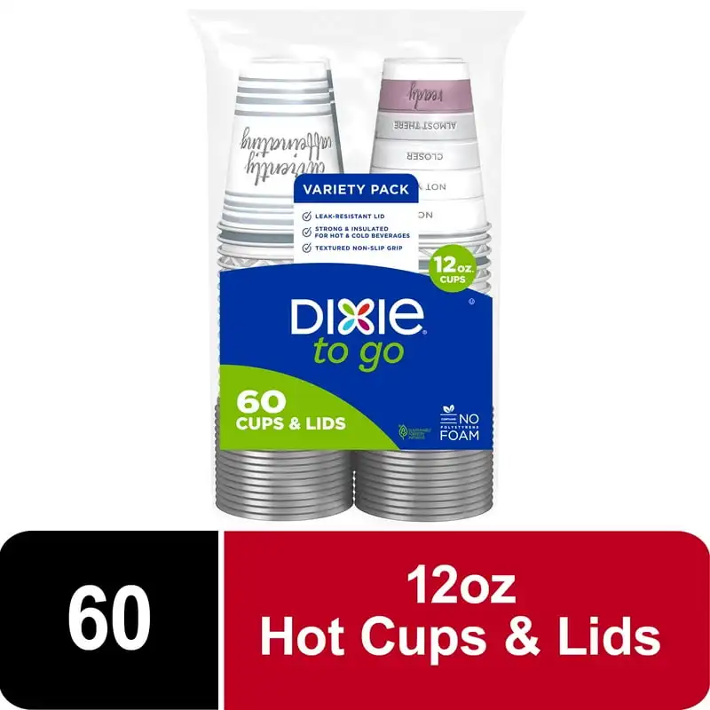 

Go Disposable Paper Cups with Lids, 12 Fluid Ounces, Multicolor, 60 Count Coffe cups Cocktail glasses creative Silverware Glass