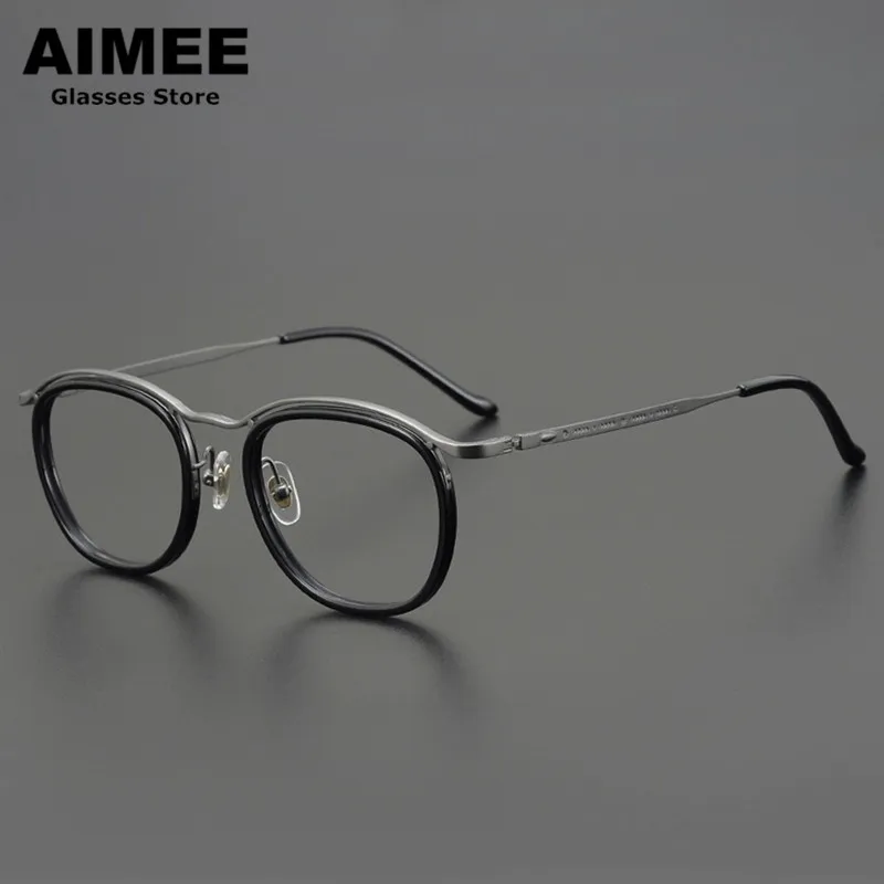 

New Vintage Round Glasses Frame Men's Titanium Acetate Optical Eyeglasses Woman Ultralight Myopia Eyewear RLT5912 Blue Light Len