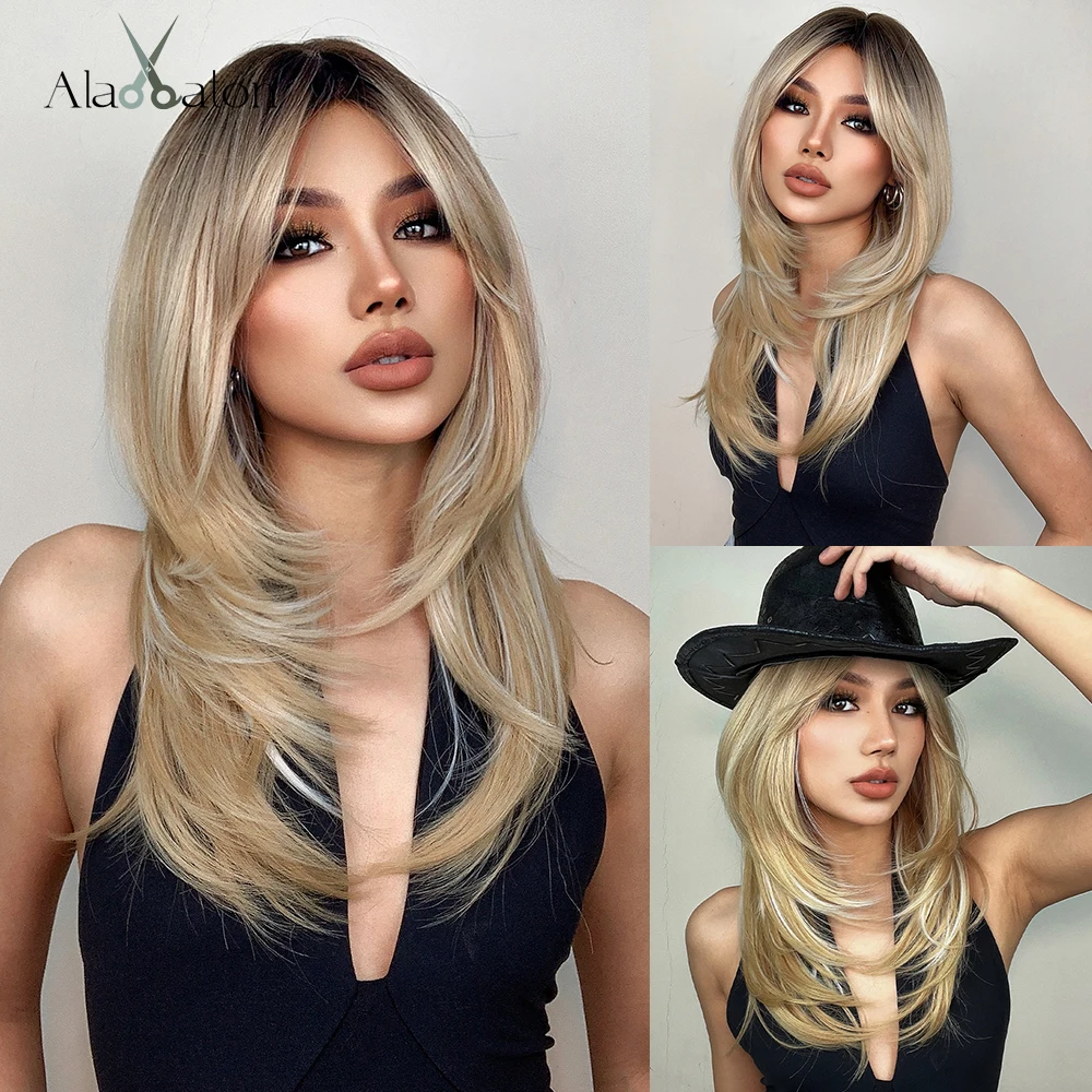 

ALAN EATON Ombre Brown Blonde Long Natural Wave Synthetic Wigs for Women Cosplay Daily Party Heat Resistant Wigs with Bangs