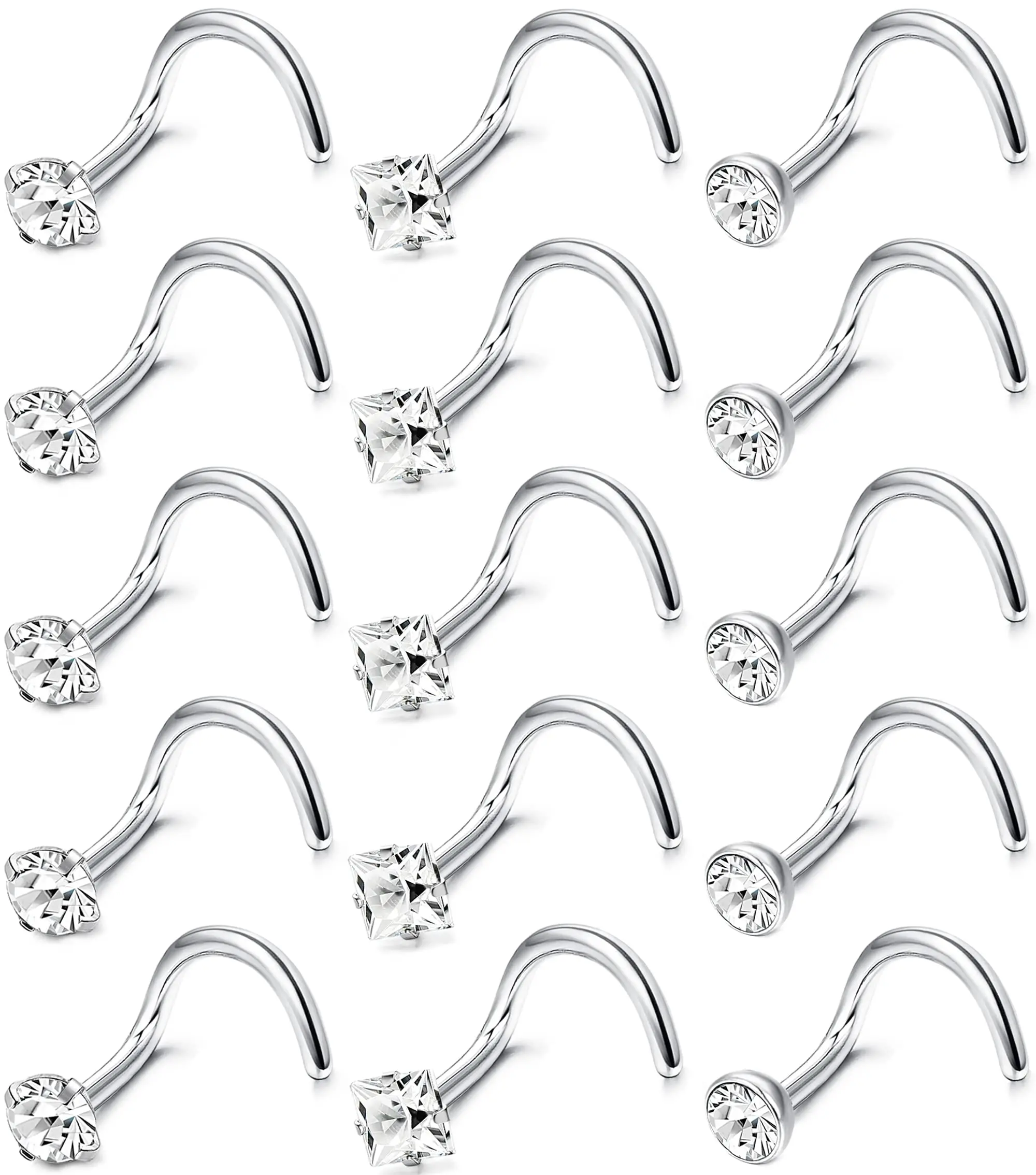 

Гипоаллергенные кольца для носа, 15 шт., 20 г, хирургические серьги-гвоздики из нержавеющей стали, L-образный винт, кубический циркон, украшения для пирсинга губ для женщин и мужчин