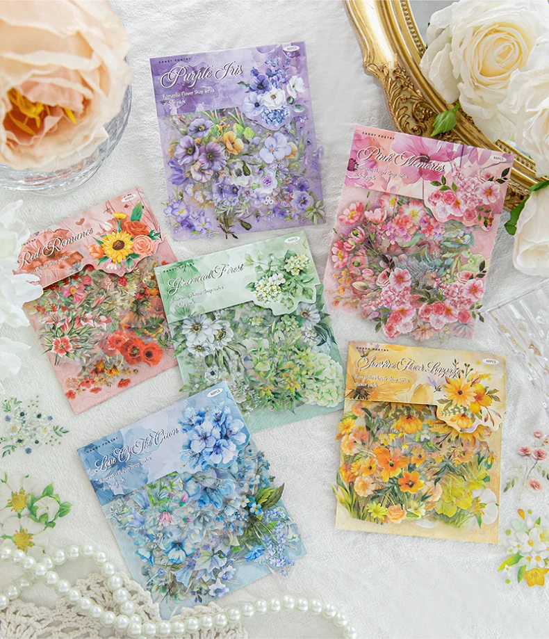 40 Pcs Fresh Flower PET Sticker Pack Aesthetic Hand Accounting Transparent Decoration Scrapbooking Stationery Supplies for Kids