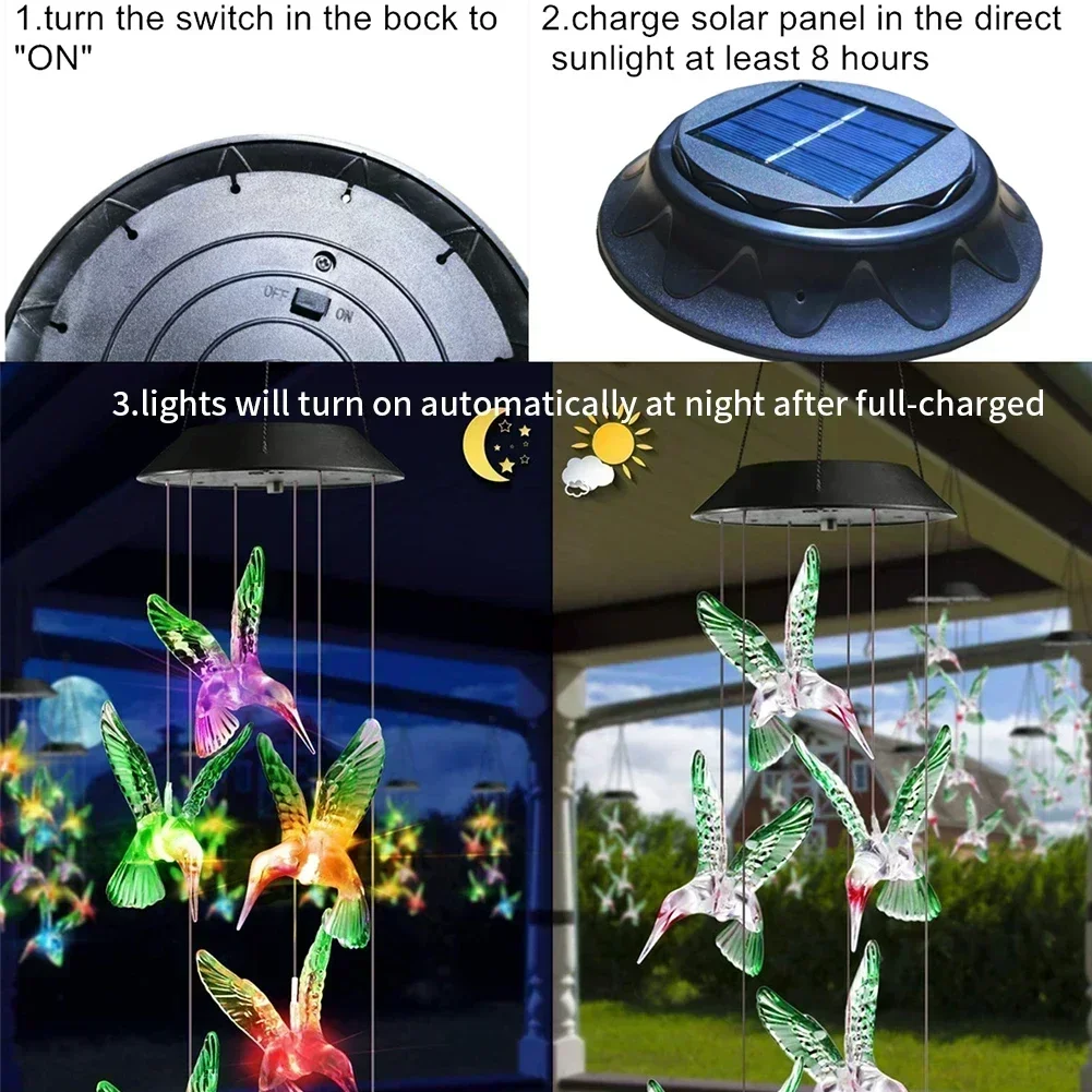 6PCS Owl Hummingbird Wind Chimes Pendant Lights Solar Rechargeable Lanterns Outdoor Garden Yard Waterproof Decorative Lamp