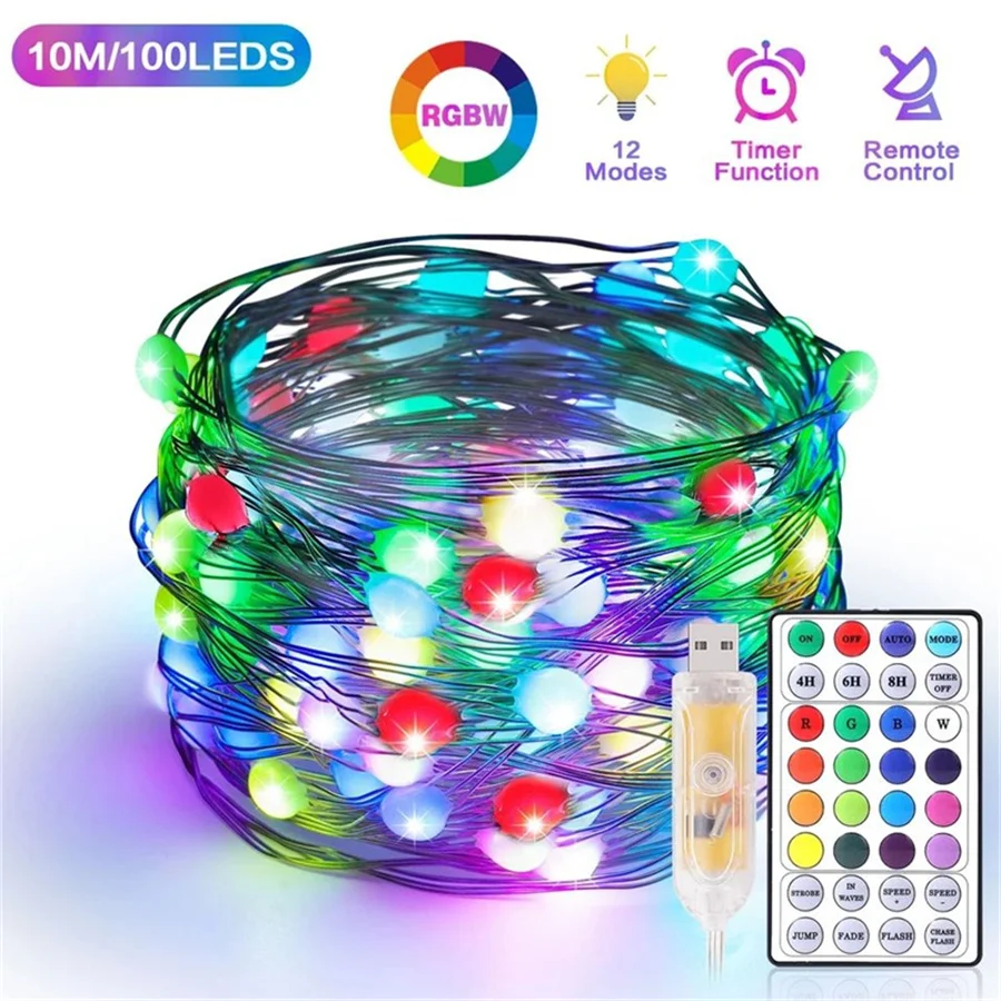 Copper Wire RGB LED Christmas Tree String Light USB Remote Control 20M Fairy Garden Lights for New Year Party Wedding Decoration 20m 200led rgb led string lights smart usb bluetooth copper wire light string diode flexible ribbon wifi controller 5 10 12 15m