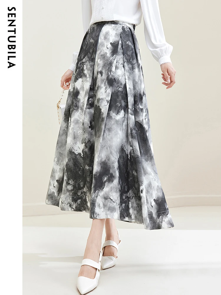 SENTUBILA Chinese Style Pleated Skirt Women Spring Autumn Retro Midi A-Line Irregular Loose Ink Painting Skirts Female 133Q51345 luc tuymans painting on ice