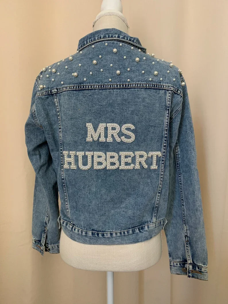 BRIDE Rhinestone and Pearl Denim Jacket Custom Mrs. Jean Jacket Wifey Denim Personalized Bridal Wedding Jacket Bride to Be Coats