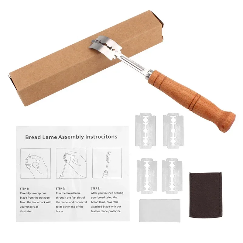 Bakers dough Bread Pastry Cutter with 5 Blades Toast Curved Baguette Bread Knife Wooden Handle Baking Accessory Pastry Spatulas