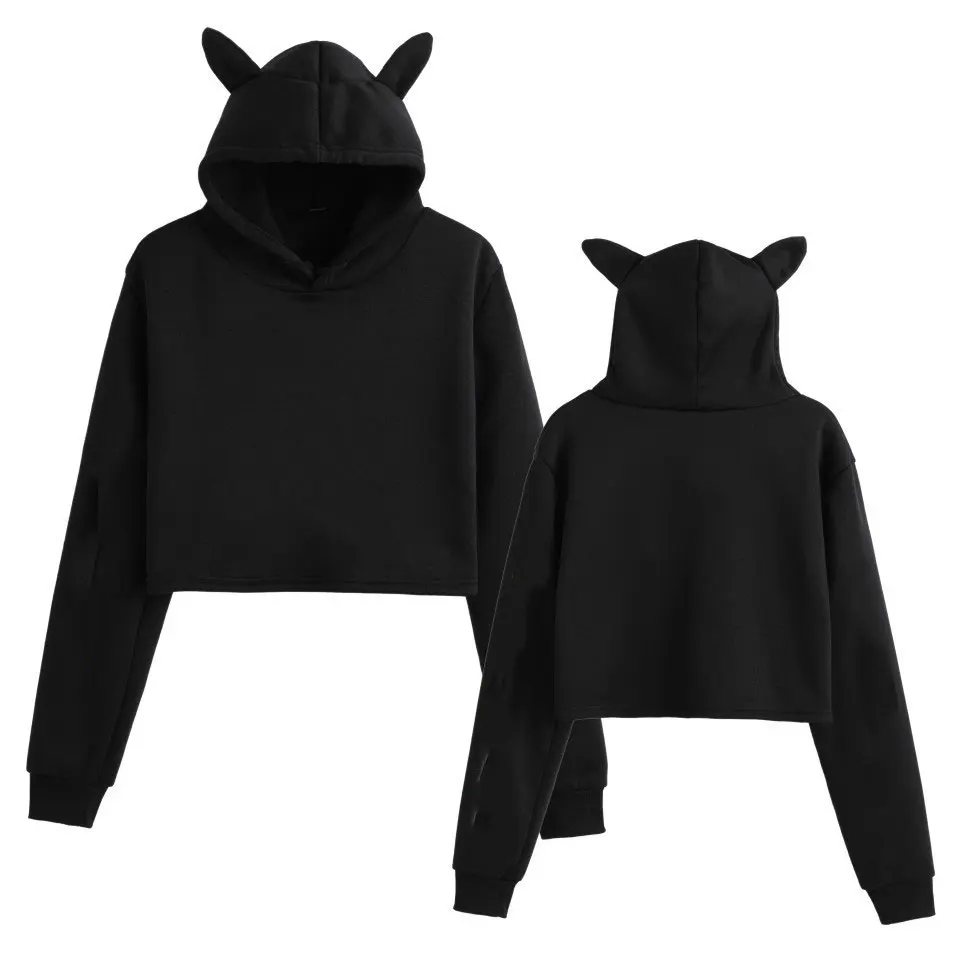 Women's Pink Sexy Casual Fleece Cropped Hoodie Casual Plus Size Pullovers Cat Ears Hoodie Solid Crop Sweatshirts Female Clothes