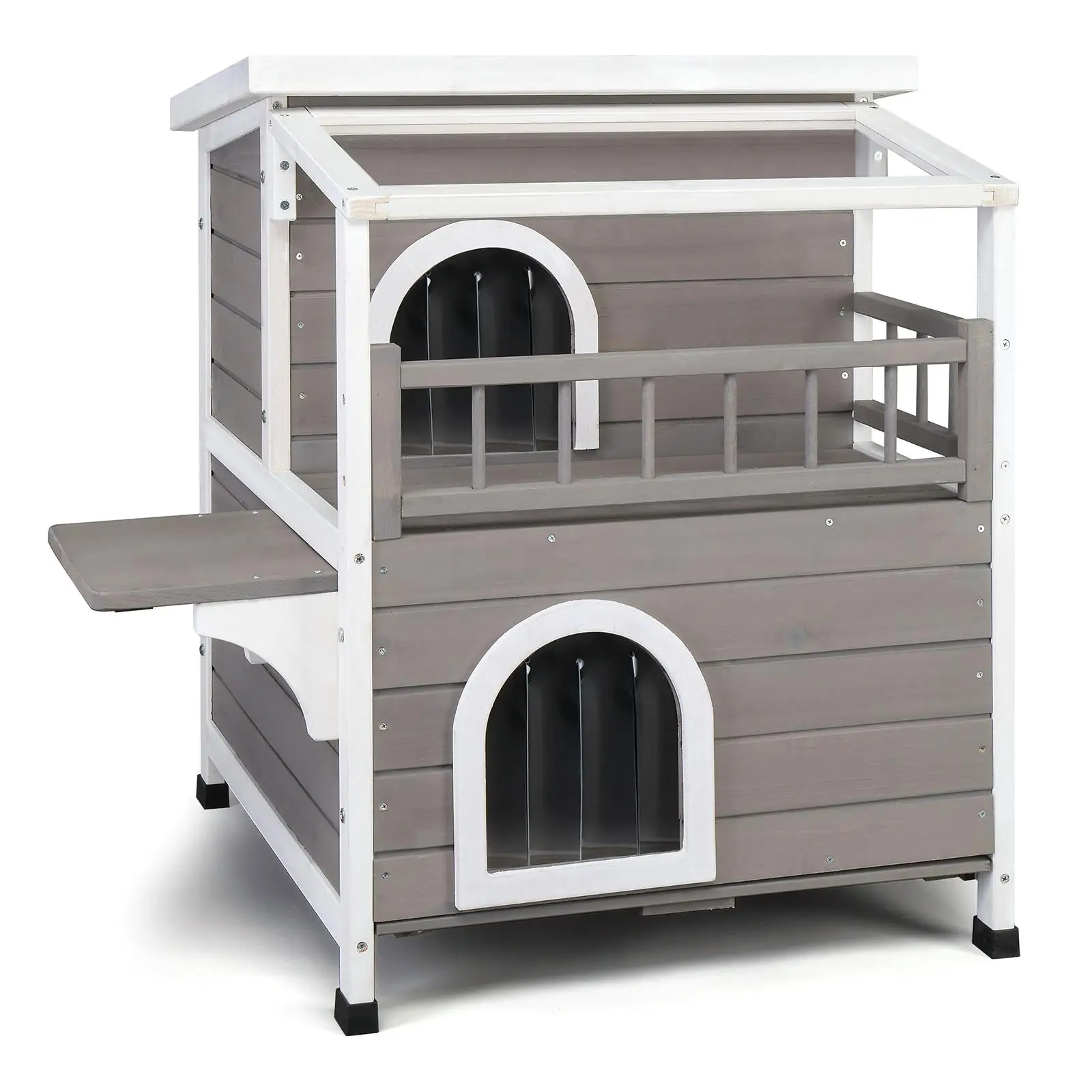 2-Story Luxury Wooden Cat House for Indoor/Outdoor Use-Weatherproof, Canopy, Balcony & Double Escape Door-Grey/White