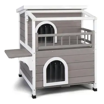 2-Story Luxury Wooden Cat House for Indoor/Outdoor Use - Weatherproof, Canopy, Balcony & Double Escape Door - Grey/White 1