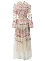 Seasixiang-فستان ماكسي شبكي عتيق بطول الأرض للنساء ، رقبة دائرية ، كم فانوس ، تطريز زهور ، موضة ، خريف ، حفلة 1