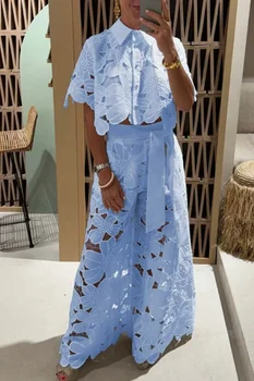 Women 2Pcs Lace Outfit Embroidery Retro Hollow Temperament Suit 2025 Elegant Button Short Sleeved Blouse Tops&Tie-up Pants Set 1