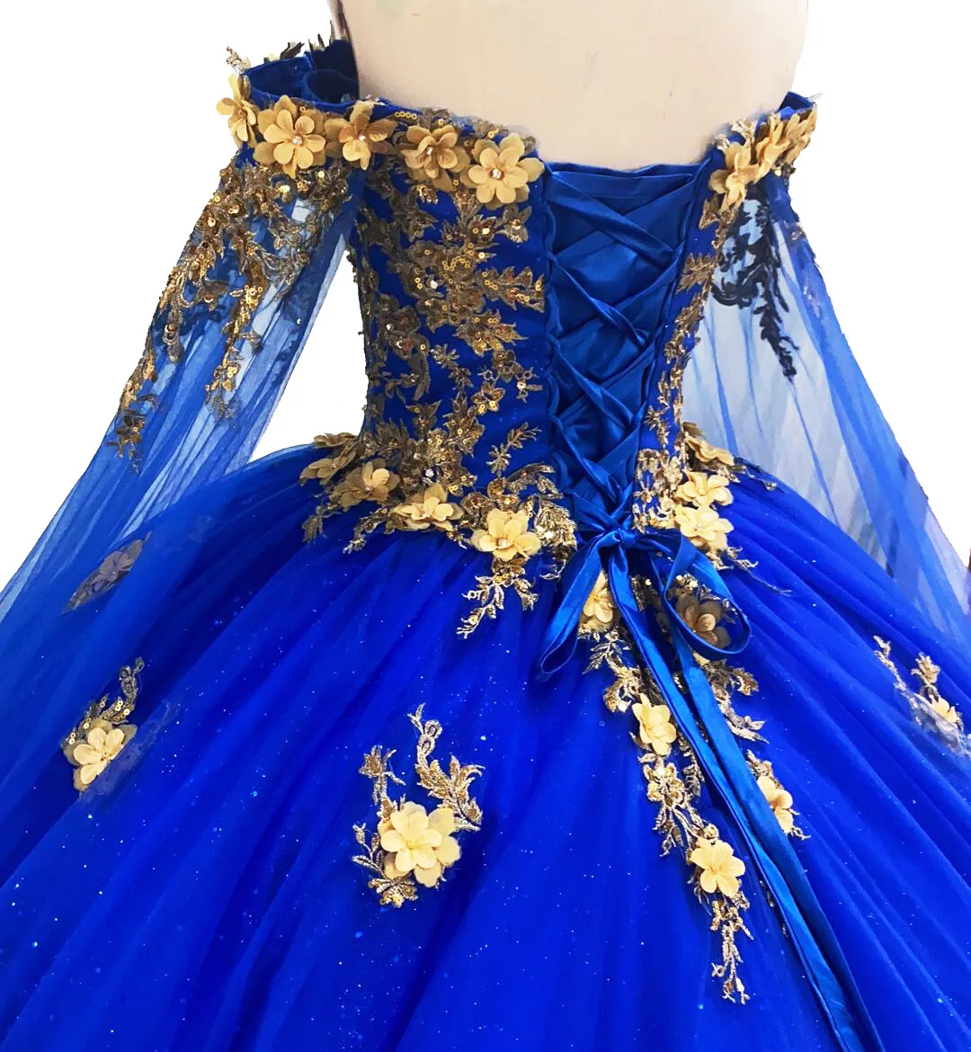 Custom Royal Blue and Gold Off Shoulder Long Sleeves Quinceanera