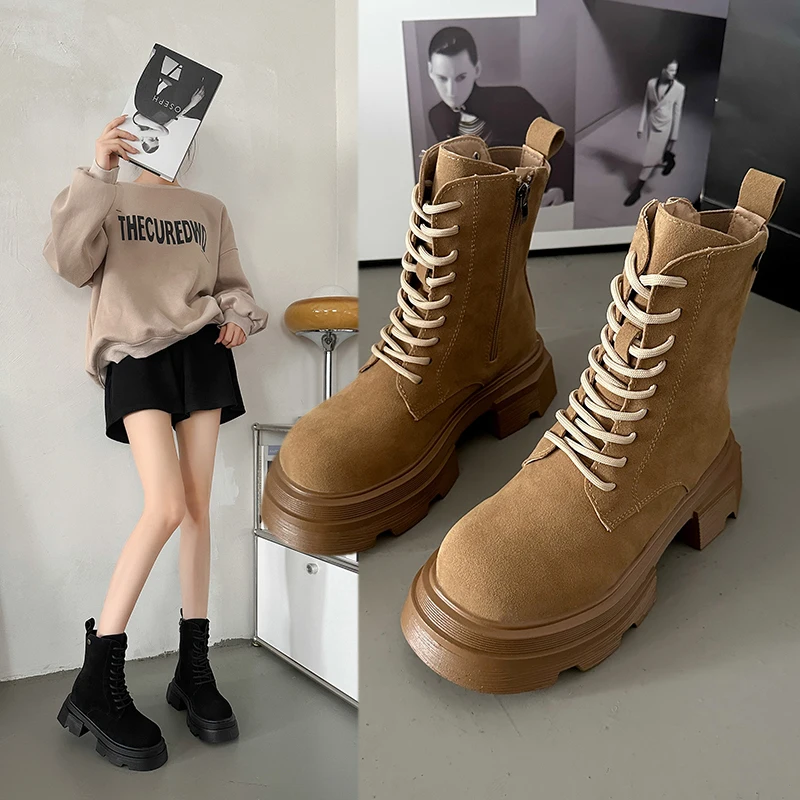 

Med Heel Boots Rock Shoes Woman Zipper Round Toe Rubber Mid Calf Riding Lolita Autumn Mid-Calf Ladies Leather Cross-tied Fabric