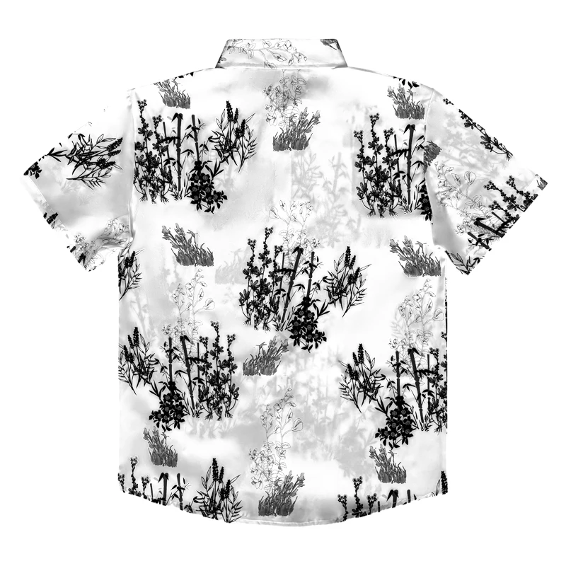 Men's Casual Collared Short Sleeve Floral Shirt Tropical Fashionable Ink Wash Bamboo Printed Top