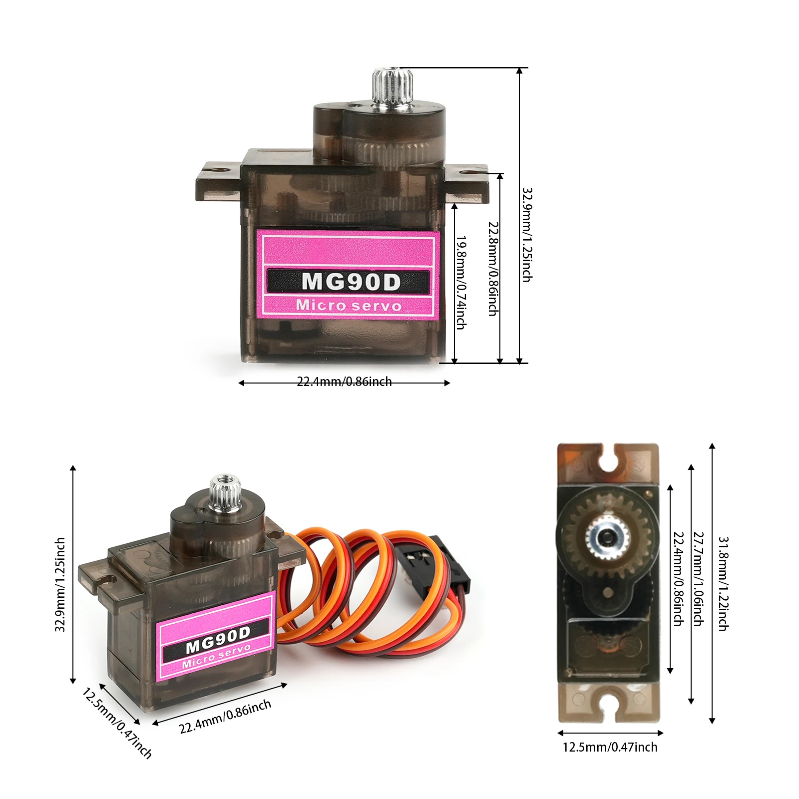 Servomoteur numérique micro MG90D 9g avec engrenages métal, vue d'angle mettant en avant la compacité et la construction robuste.