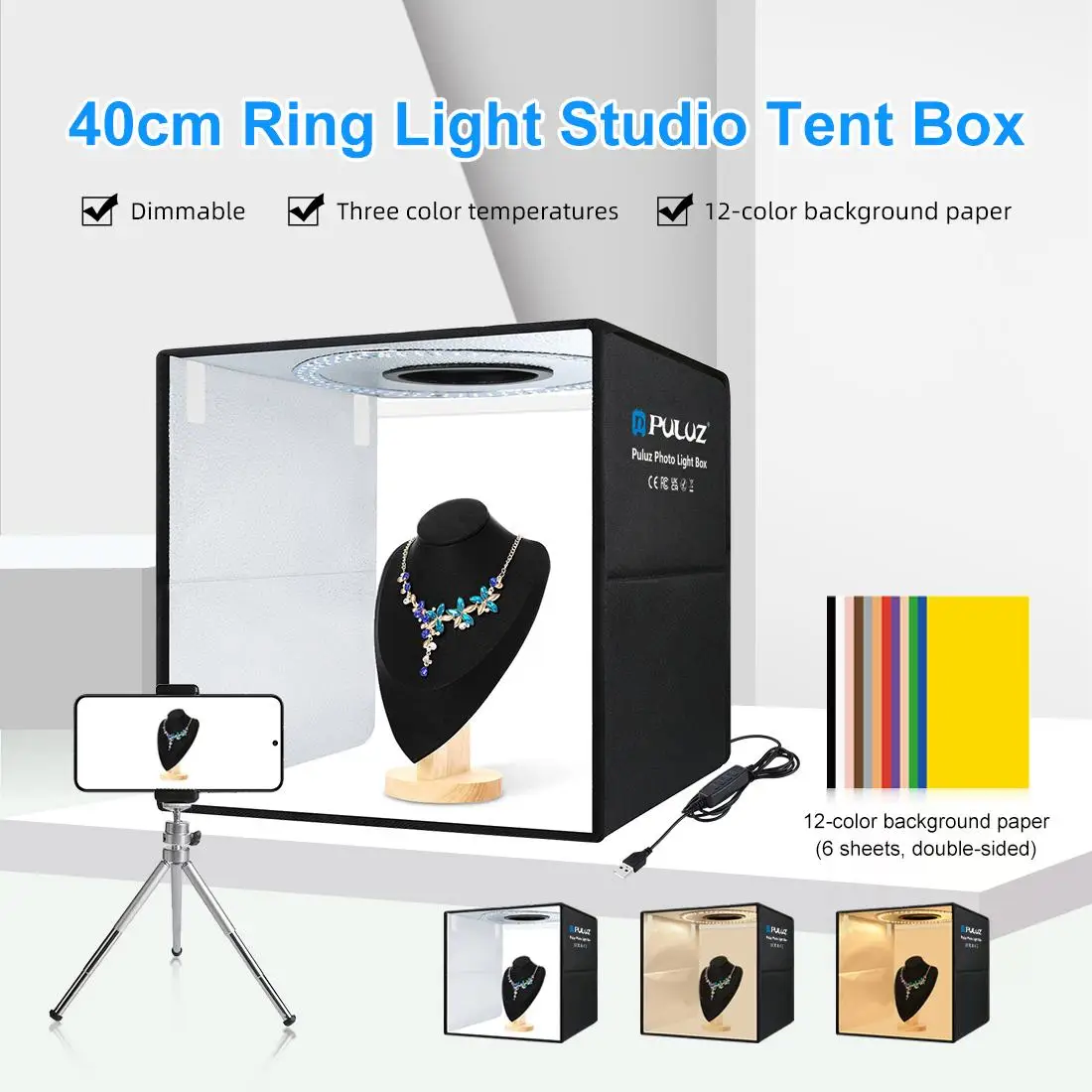 PULUZ 40cm Folding Portable Ring Light USB Photo Lighting Studio Shooting Tent Box with 6 x Dual-side Color Backdrops