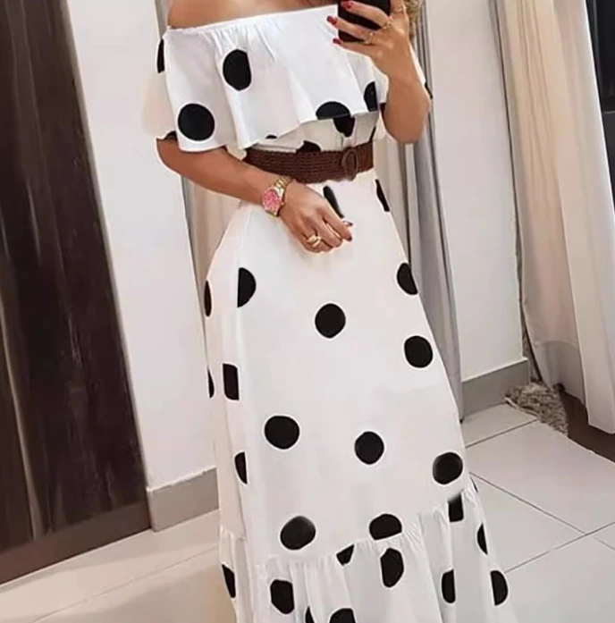 

Women's Elegant Dress 2024 Spring/summer Latest Fashion Style White Wrapped Sleeves Polka Dot Print High Waist Long Skirt