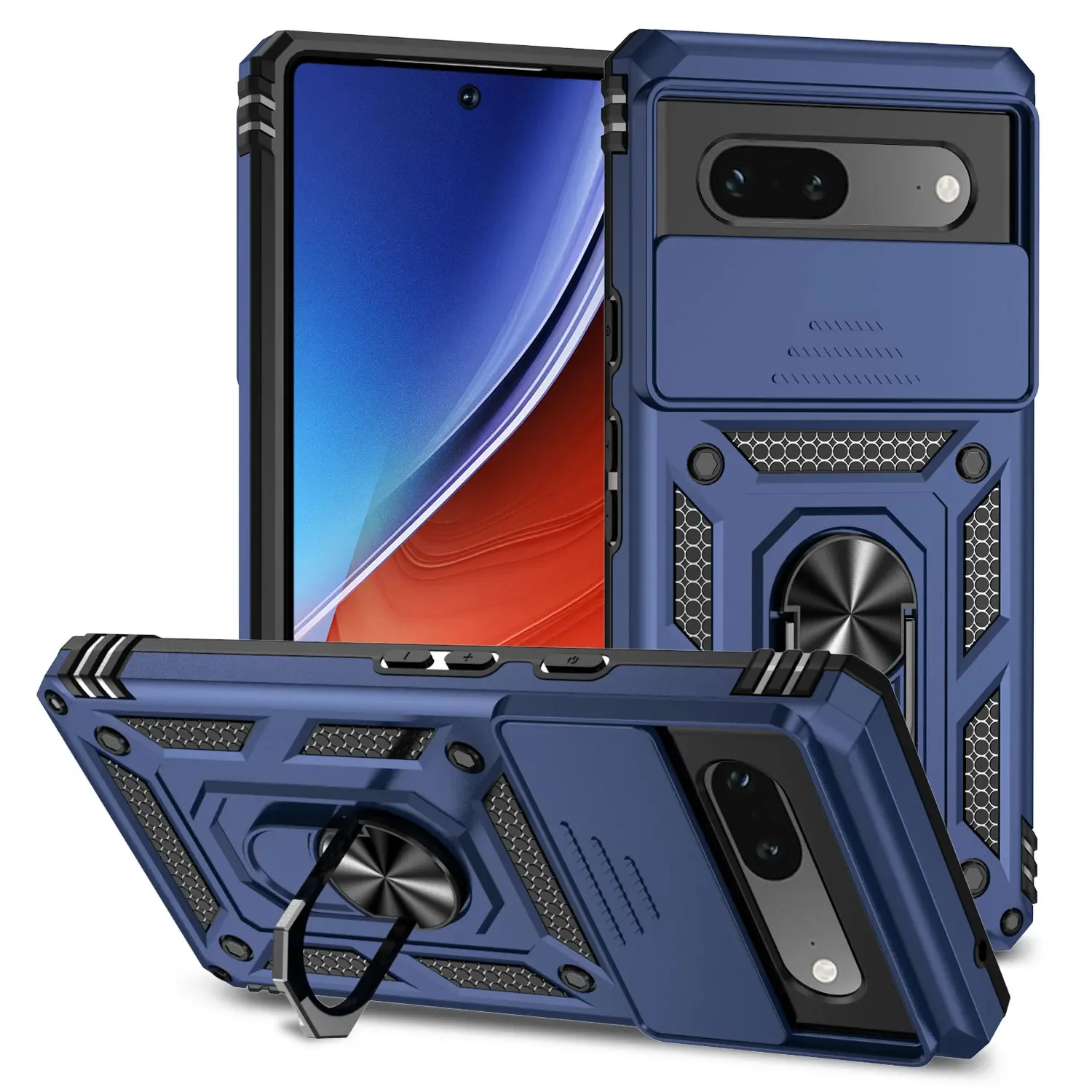 Durable Ring Holder Armor Shockproof Case with Slide Lens Protector