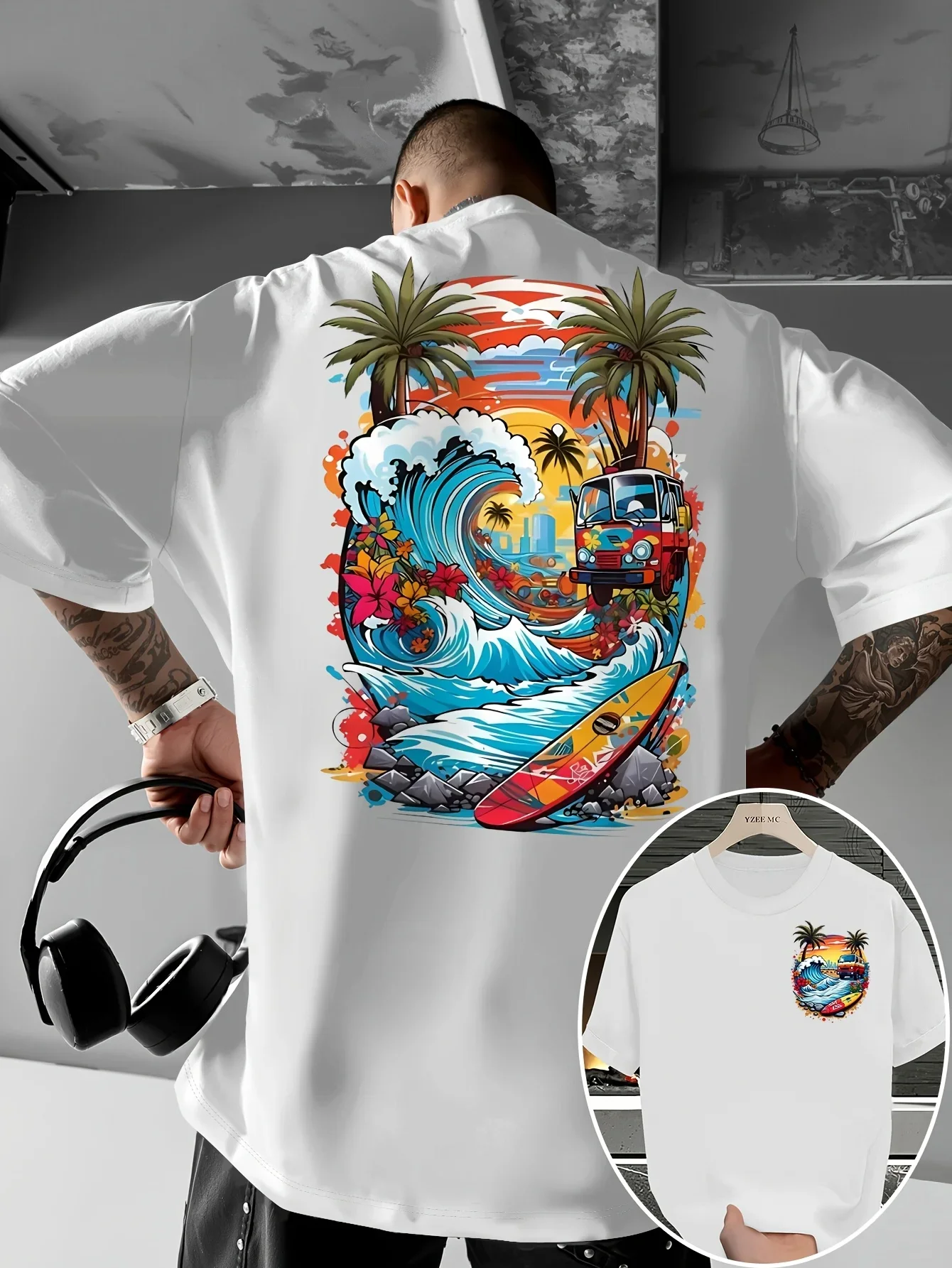 Herren-T-Shirt mit Palmenmuster und buntem Wellenmuster, atmungsaktiv, 100 % reine Baumwolle, Sommermode, lässiges Oberteil